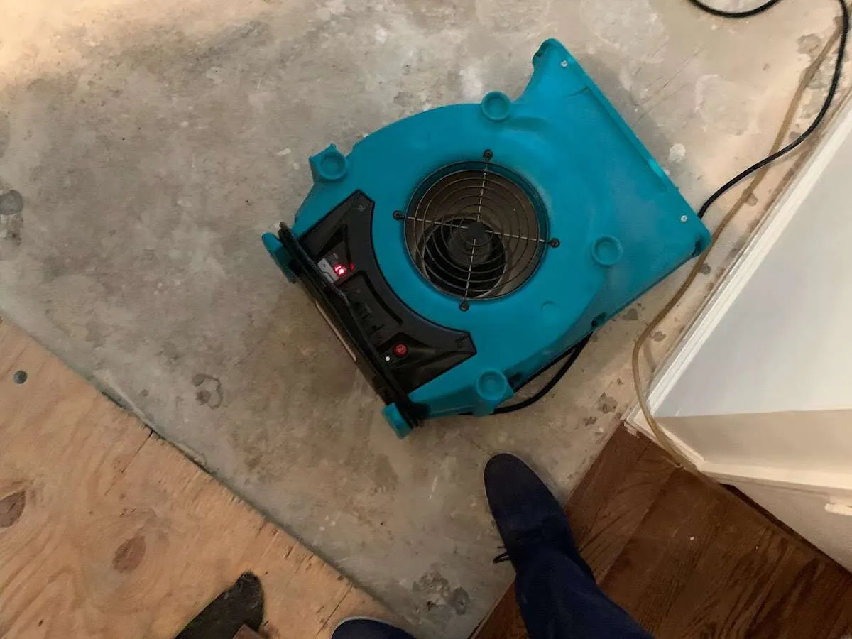 Air mover drying subfloor during Commercial Water Damage Restoration in DeBary